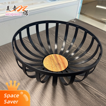 Corbeille à fruits ronde en métal avec base en bois