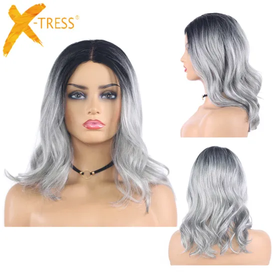 X-TRESS  new curly long ombre grey color Lace Front Wigs High Temperature Fiber Middle Part For Women Synthetic hair Wigs