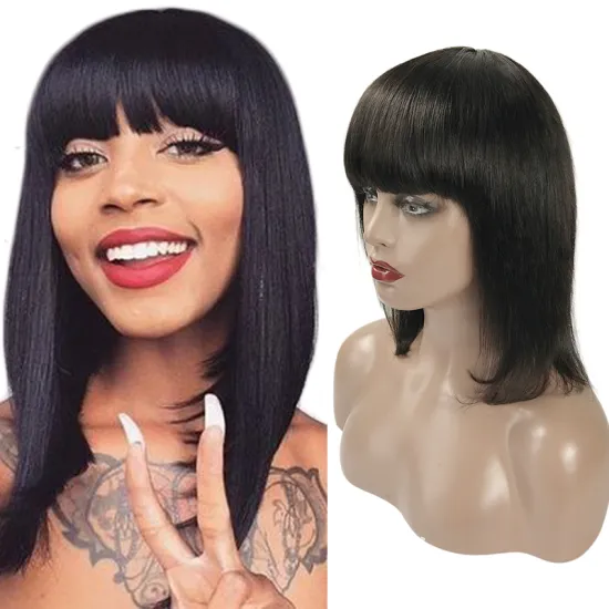 Wholesale hot selling machine wig, cheap price 100 human hair bob wigs, brazilian bob hair wig neat bang straight human hair wig