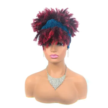 Wholesale Headbands Bug Black Short  Afro Wig Synthetic Wigs African Kinky Curly Box Wrap Puff Turban wigs For women