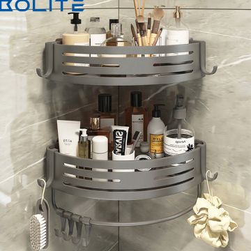 Wall-Mounted Corner Rack Tripod Gray Space Aluminum Triangular Basket Storage Rack for Bathroom Drainage