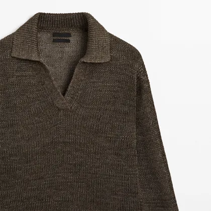 Women's 100% linen polo shirt collar knit sweater