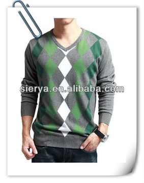 men's cotton intarsia jacquard v neck sweater