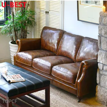 U-BEST European Retro Solid Wood Leather Sofa for Living Room