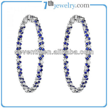 Large Circle Blue Sapphire Hoop Earrings With CZ Diamond Rhodium Plated Brass Earrings