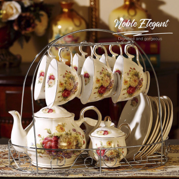 Luxury European Floral Ceramic Teapot, Tea Cup and Saucer Set with Gold Rim Porcelain Coffee Cups and Sugar Jug