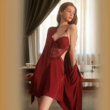 Seksi Dantel Velvet Saf Renk Nightdress Set Romantik Konforlu Kolsuz Sırtsız Pijamalar