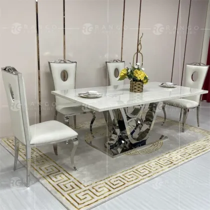 N HOME SWEET HOME White Marble Dining Table Set with Gold Accents