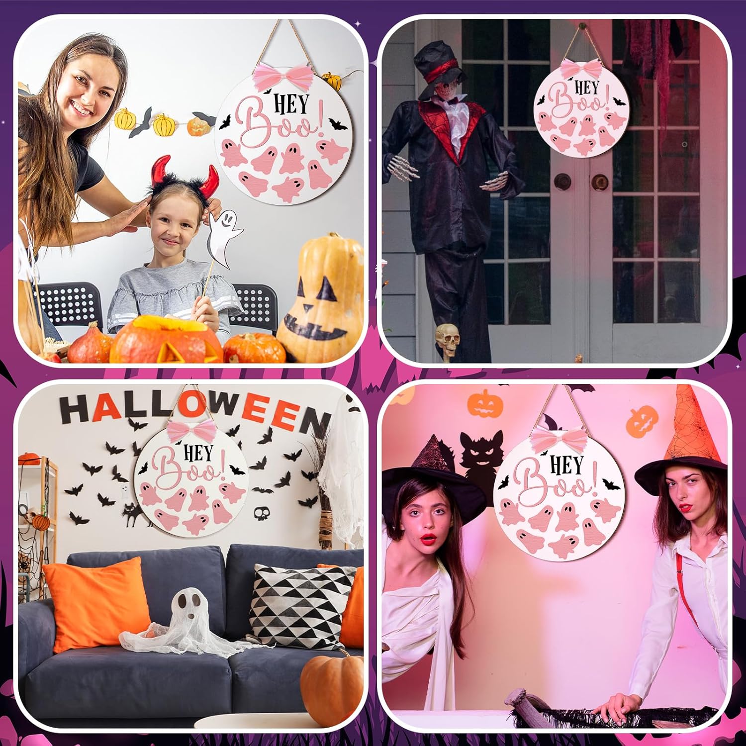 Hey Boo Pink Ghost Wooden Door Hanger