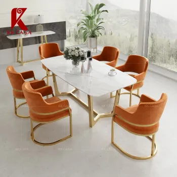 Stainless Steel Golden Leg Dining Table Set with Velvet Chairs for 6
