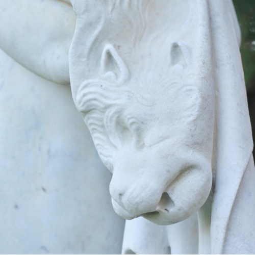 Italian Marble Faun Sculpture Flute and Lion Pelt