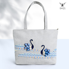 天鵝刺繡亞麻休閒單肩手提包