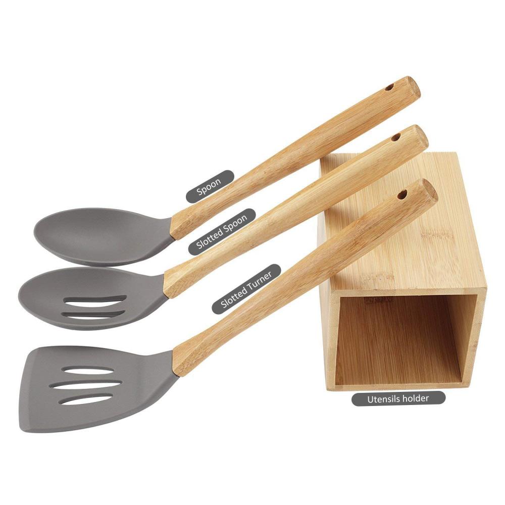 9PCS Silicone Bamboo Handle Utensils Set With Holder