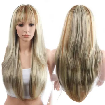 Factory cheap wig High heat fiber Natural 26 inch rose net blonde long straight Hair Synthetic hair wigs with bangs for women