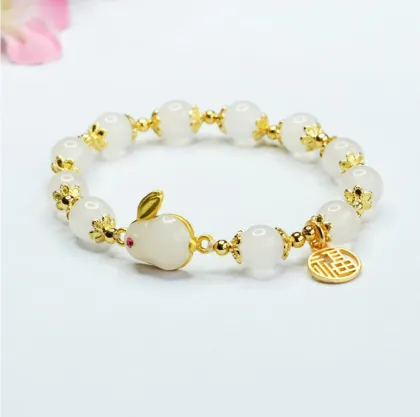 White Jade Rabbit Bracelet - Natural Raw Stones Fashion Jewelry for Women
