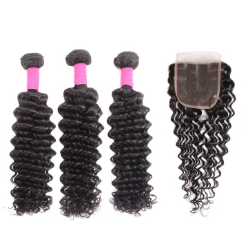 Grade 8A Mink Peruvian Remy Virgin Hair Bundles Deep Wave Weft With Middle Part Deep Wave Lace Closure