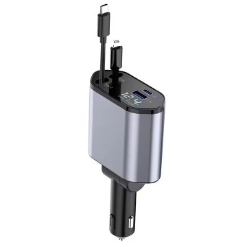 120W 4-in-1 Retractable Car Charger: USB Type C and Lightning Cable for Fast Charging