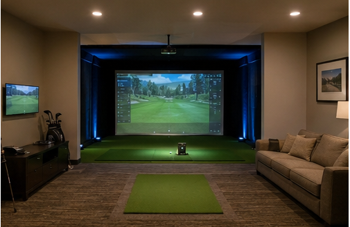 Front view of a spacious indoor golf simulator room