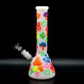 A glass water pipe with a colorful mushroom pattern