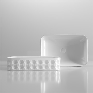 Elegant Modern Cheap Ceramic Rectangular Lavabo Table Top Glossy White Bathroom Basin Sink with Diamond Emboss Design