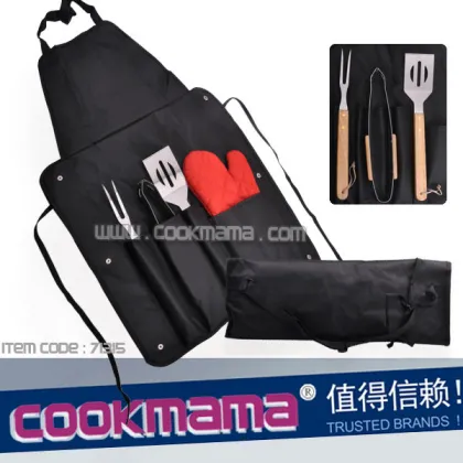 4pcs rubber wood handle bbq tools with black apron