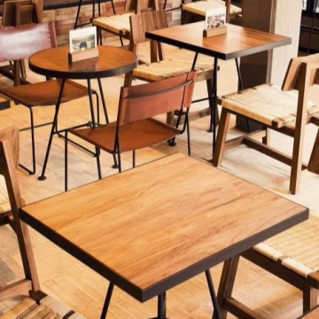 Mesas de madera comerciales de estilo retro barato con patas de metal para cocinas, escuelas, cafeterías, bares y restaurantes
