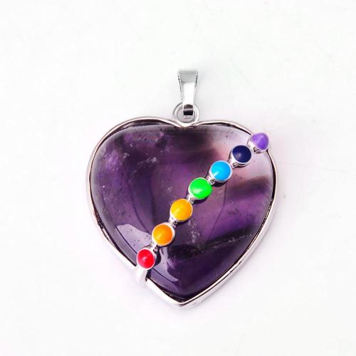 Seven Chakras Gemstone Amethyst Heart Pendant