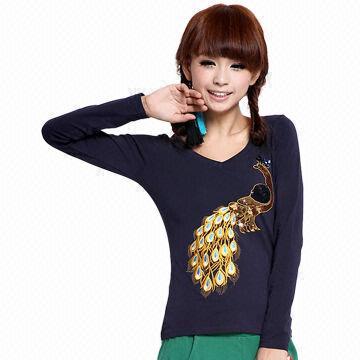 Autumn Long-sleeve V-neck Women's Embroidered T-shirt, Customized Colors Patterns are Welcome