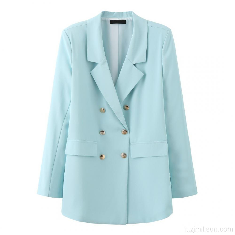 Women Blue Button Dold Down Collar Blazer