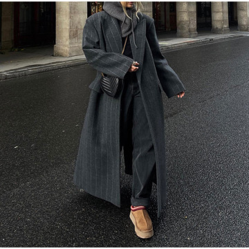 Σκούρο γκρι λούστου Long Jacket - Γυναικείο φθινόπωρο χειμωνιάτικο μαλλί μείγμα