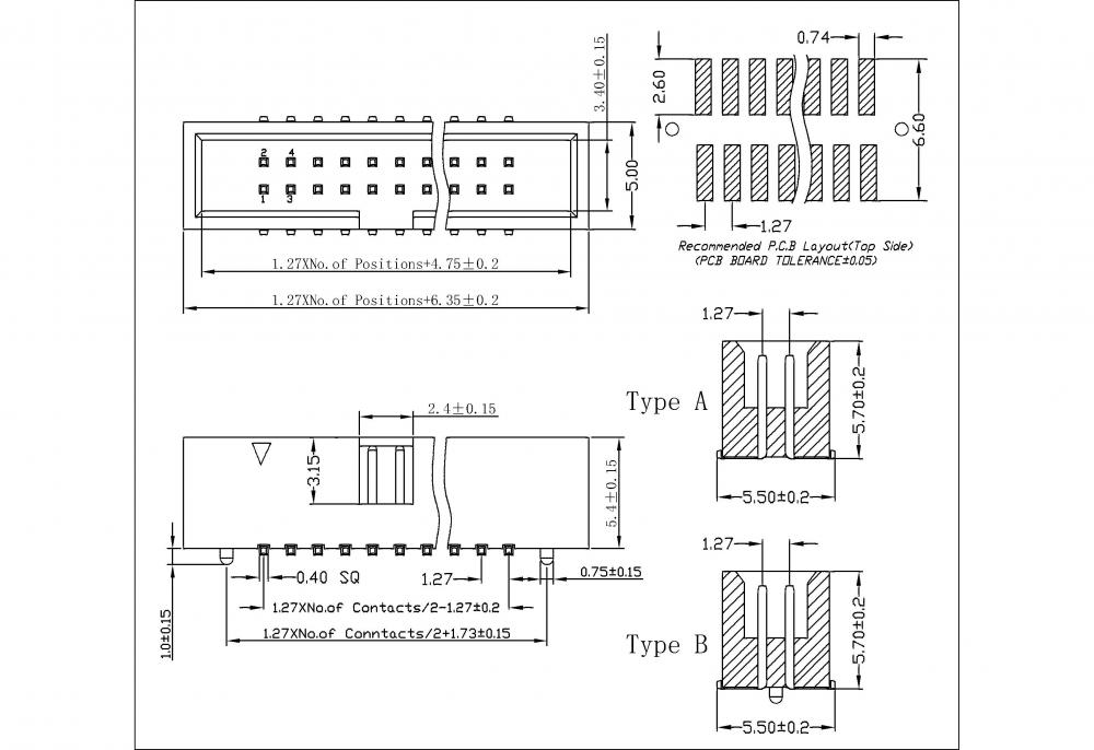 1,27mm κεφαλίδα κιβωτίου SMT τύπου H = 5,4mm