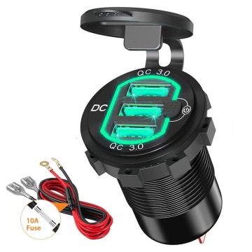 3-Port USB 3.0 Car Charger 12V/24V, QC3.0 Fast Charging with 10A Fuse