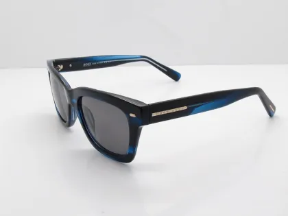 Hugo Boss Brand Name Sun Glasses Black With Blue Frame And Grey Lens
