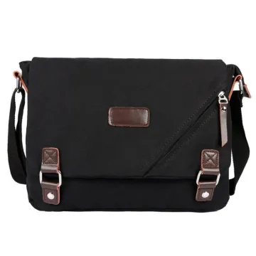 custom high quality black canvas messenger shoulder bag with genuine leather trim
