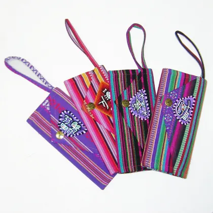 Ethnic Striped Fabric Long Wallet with Primitive Symbol Print