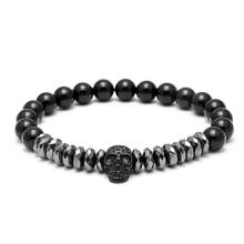 Fashion Black Natural Stone Crystal Bracelet Skull 8mm Bead Stainless Steel Bracelet