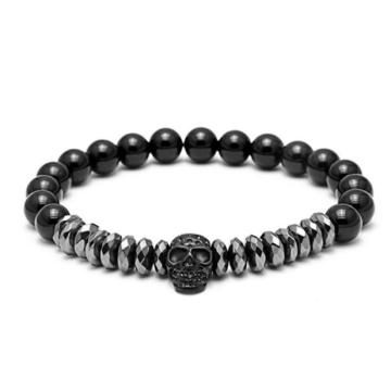 Fashion Black Natural Stone Crystal Bracelet Skull 8mm Bead Stainless Steel Bracelet