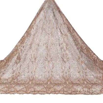 Popular Polyester Sequin Beads Lace Fabric for Evening Dresses