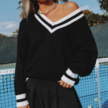 Womens VNeck Striped Pullover Sweaters
