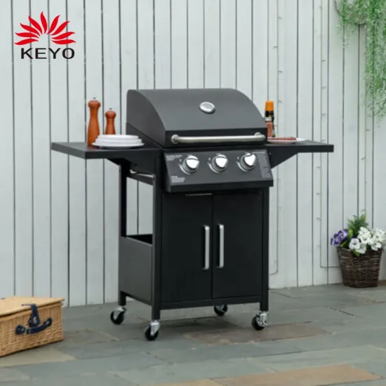 Carbon Steel Outdoor Gas Barbecue 3 Burner BBQ Trolley Gas Grill with Warming Rack Side Shelf