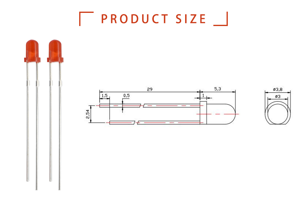 3mm Red through-hole LED diffused size