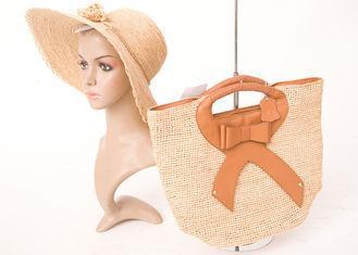 Leather Trim Beige Raffia Beach Bag With Bowknot , Leather