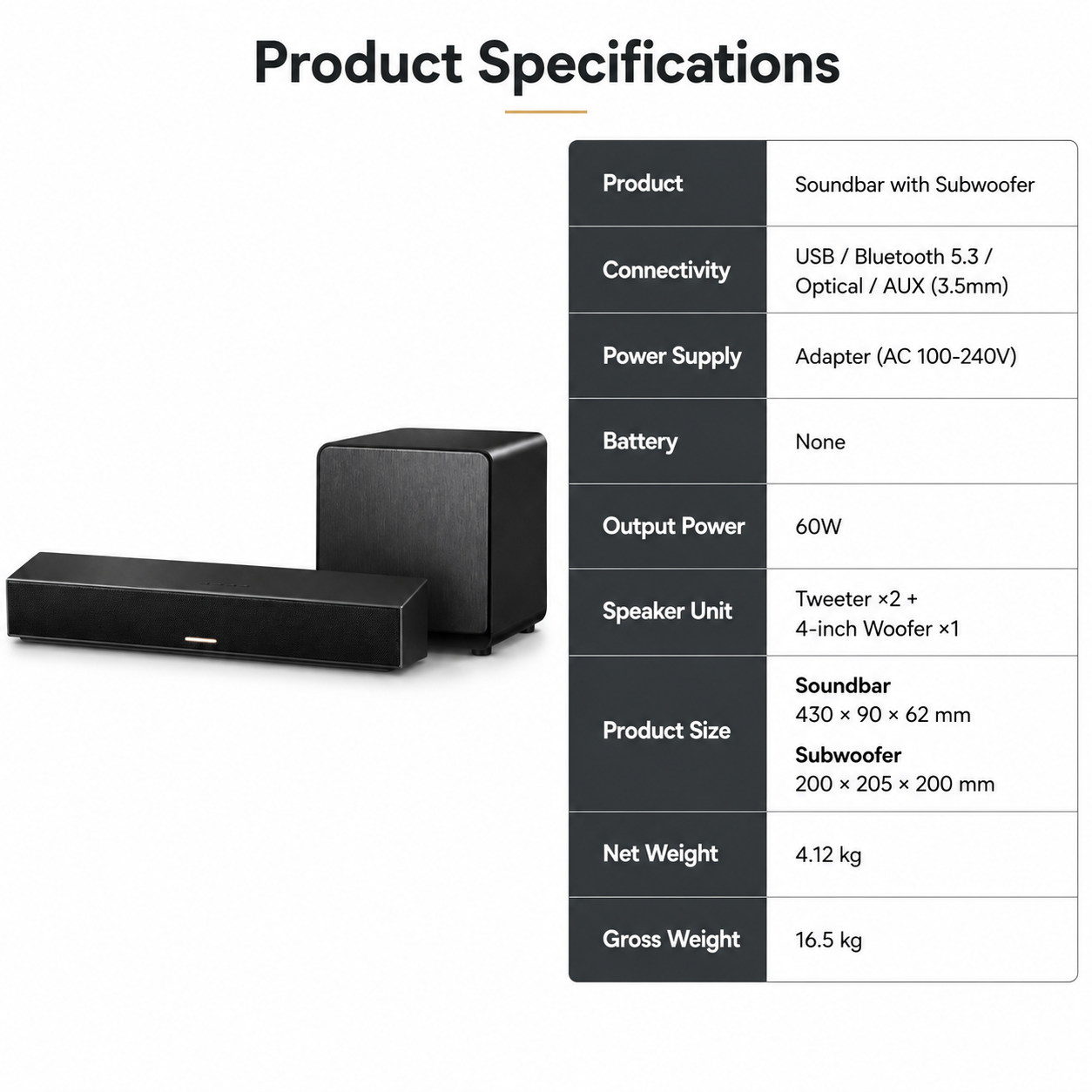 60W Soundbar with Subwoofer