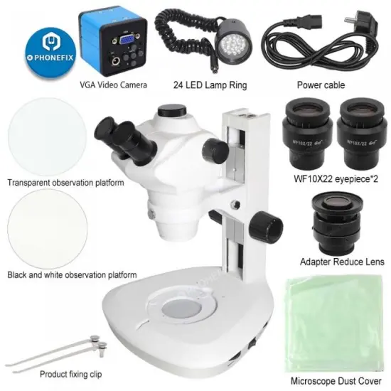Wide Angle Stereo Zoom Trinocular Microscope with 38MP VGA Camera
