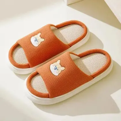 Spring and Autumn New Linen Slippers with Dog Embroidery - Thick Sole Non-Slip Indoor/Outdoor Adult Slippers