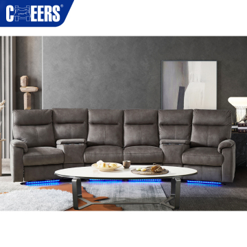 MANWAH CHEERS Blue 4-Seater Fabric Upholstered Power Reclining Home Theater Sofa with Console and USB: Hot-Selling Entertainment Hub for Your Home