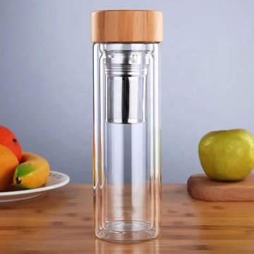 Double Wall High Borosilicate Glass Bottle with Bamboo Lid (300ml/400ml/500ml)