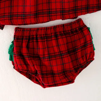 Red Plaid Peter Pan Collar Top and Ruffled Shorts Set for Toddler and Baby Girls - Fall Winter In-Stock Outfit