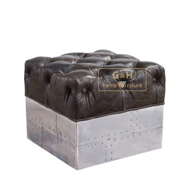 Ottoman with Antique Leather and Aluminum Frame
