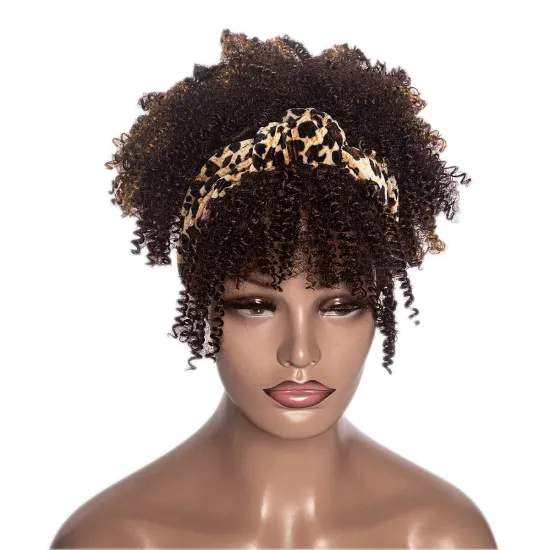 Hot Selling Headband Wigs for Black Women Short Afro Kinky Curly Wig with Bangs Synthetic Wig  Golden Mix Brown High Puffy Daily